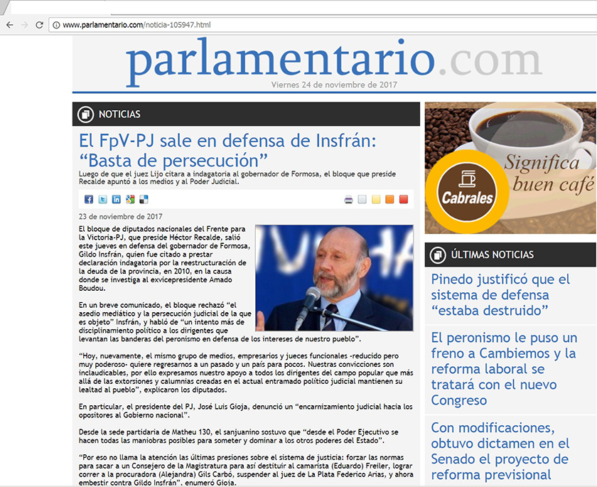 El FpV-PJ sale en defensa de Insfrán: “Basta de persecución”