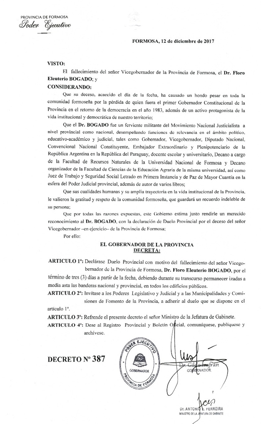 Rige el duelo provincial por la muerte de Bogado