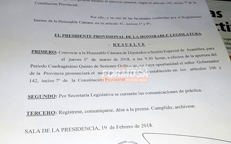 La apertura de las sesiones ordinarias será el jueves  1° de marzo