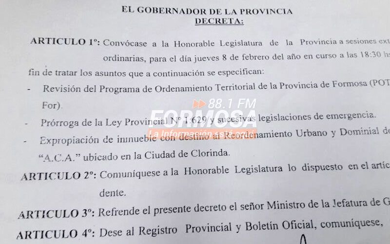 Insfrán convocó a una sesión extraordinaria para este jueves