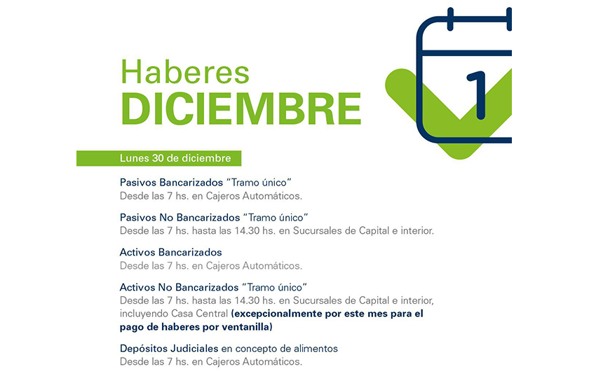 Pago de haberes correspondientes a diciembre se abonara en jornada única