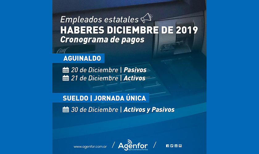 Aguinaldo se pagará los días 20 y 21 y sueldos el lunes 30 en jornada única