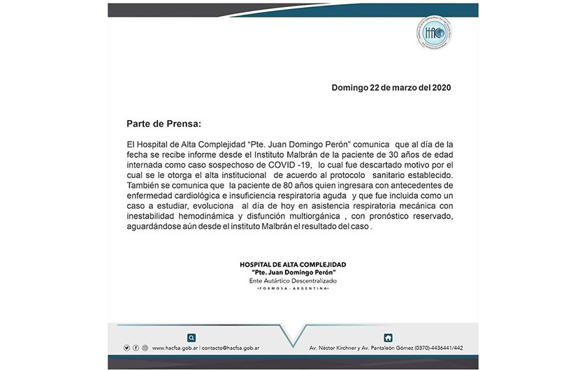 Descartado como Coronavirus el primer caso sospechoso de la provincia