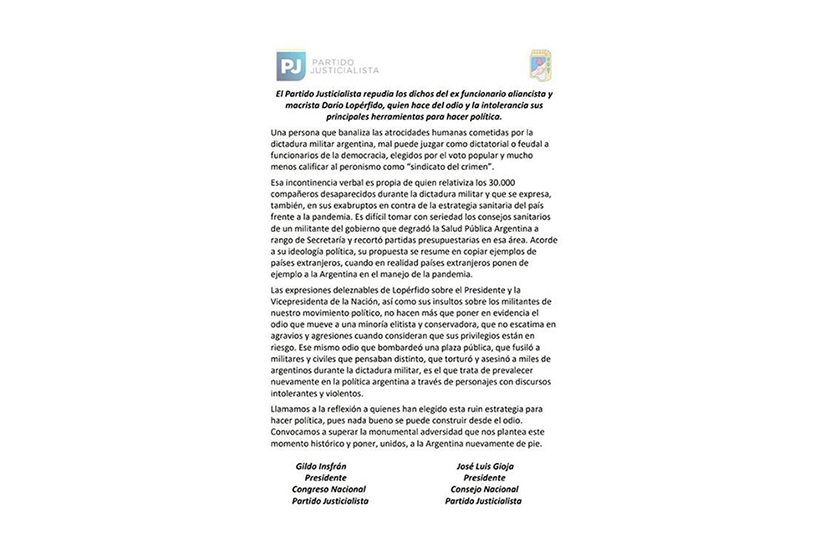 El PJ repudió dichos de Darío Lopérfido